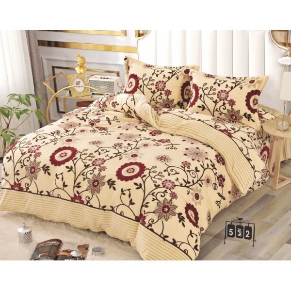 Set Lenjerie Cocolino 4 Piese Pat Dublu – Crem cu Flori Roșii și Maro, LDC-063