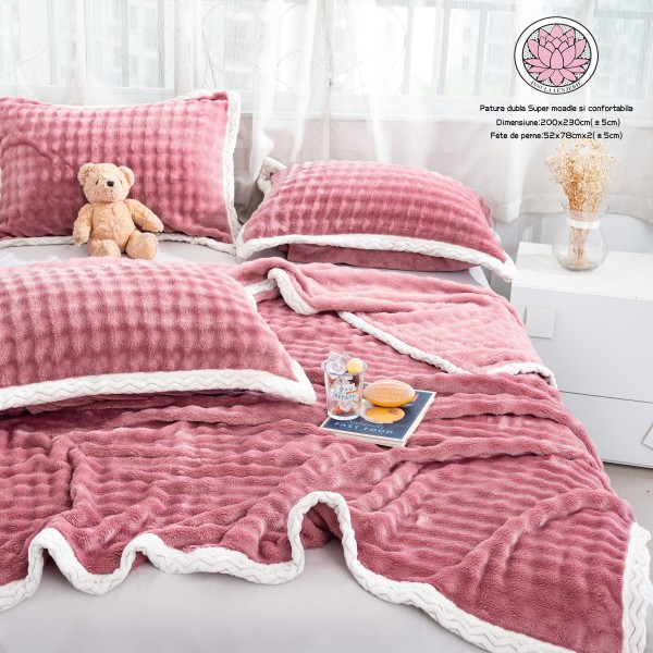 Pătură Cocolino 200x230 cm + 2 Fețe de Pernă – Roz cu Margine Albă, Moale și Pufoasă, PCI-059