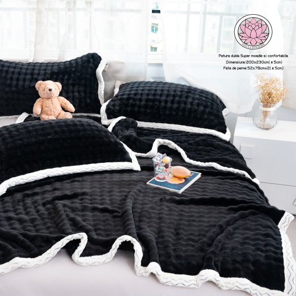 Pătură Cocolino 200x230 cm + 2 Fețe de Pernă – Negru cu Margine Albă, Moale și Pufoasă, PCI-057