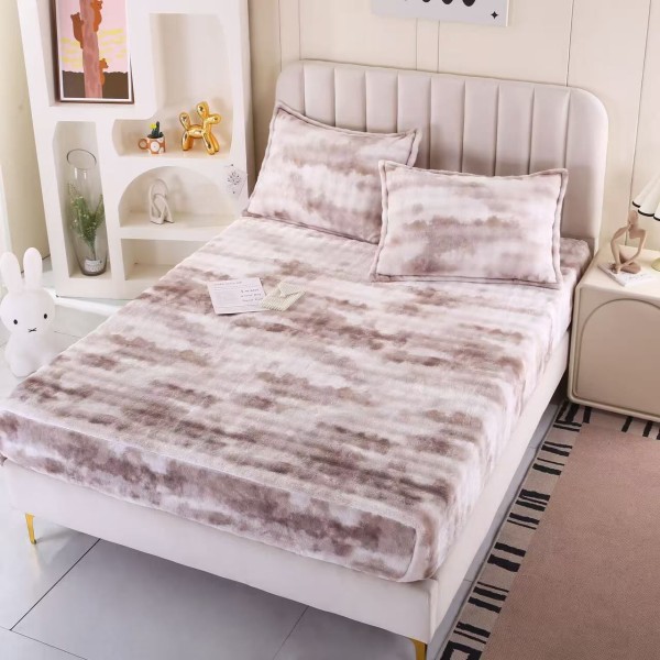 Cearșaf cu Elastic 180x200 din Blăniță de Iepure + 2 Fețe de Pernă – Model Degrade Alb-Bej, HP-022