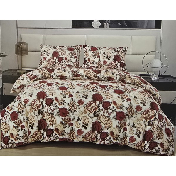 Set Lenjerie Cocolino 4 Piese Pat Dublu – Floral Roșu și Bej, LDC-102