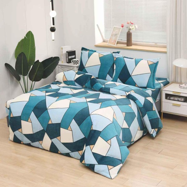 Set Lenjerie Cocolino 4 piese pat dublu cu cearșaf cu elastic – Model Geometric Albastru și Crem, LEC-041 Set Lenjerie Cocolino 4 piese pat dublu cu cearșaf cu elastic – Model Geometric Albastru și Crem, LEC-041