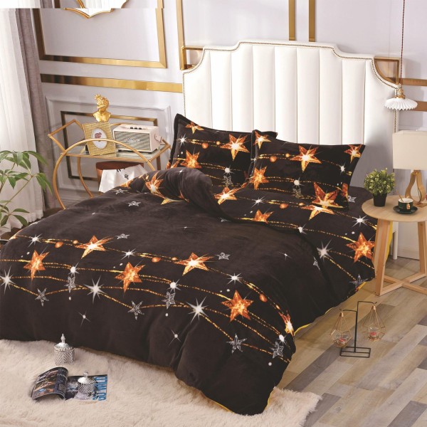 Lenjerie pat cocolino 4 piese – pat dublu, imprimeu, Negru cu Stele Aurii, LDC-003