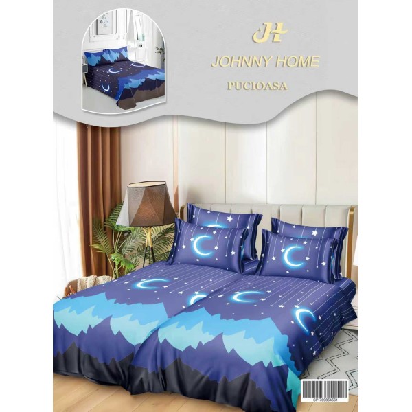 Lenjerie Pat Dublu 7 Piese Bumbac Satinat cu 2 Huse Pilotă - Model Lună și Stele – Albastru, Bleu și Negru, LFS-130