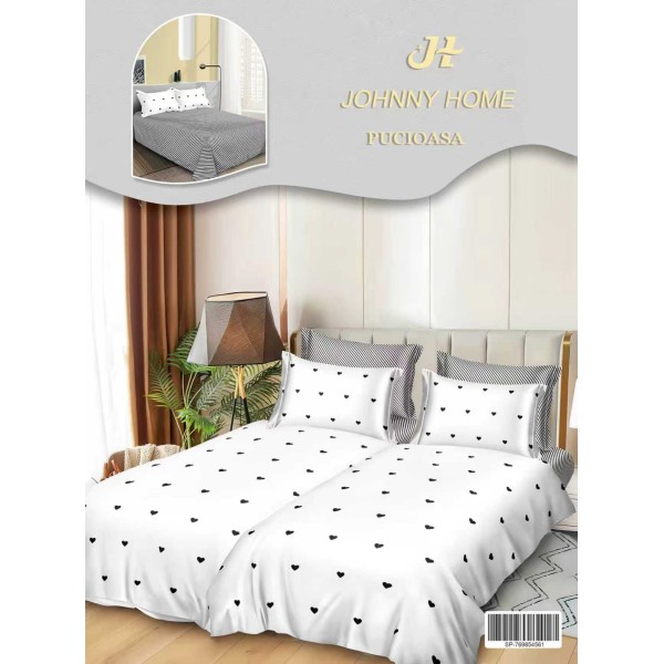 Lenjerie Pat Dublu 7 Piese Bumbac Satinat cu 2 Huse Pilotă - Model Inimioare – Alb cu Imprimeu Negru, LFS-133