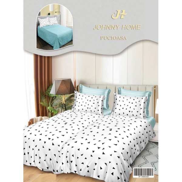 Lenjerie Pat Dublu 7 Piese Bumbac Satinat cu 2 Huse Pilotă - Model Triunghiuri – Alb cu Imprimeu Negru, LFS-135