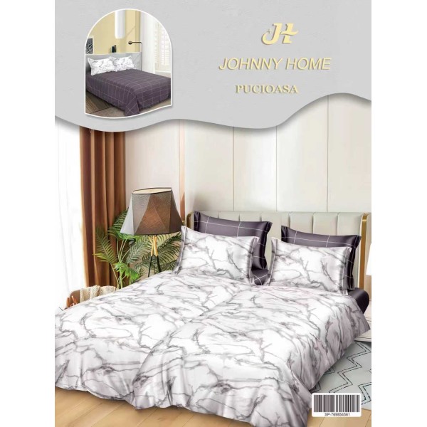 Lenjerie Pat Dublu 7 Piese Bumbac Satinat cu 2 Huse Pilotă - Model Marmura  – Alb cu Gri, LFS-137