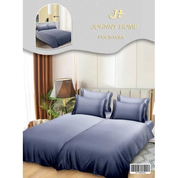 Lenjerie Pat Dublu 7 Piese Bumbac Satinat cu 2 Huse Pilotă - Model Uni – Albastru Degrade, LFS-139