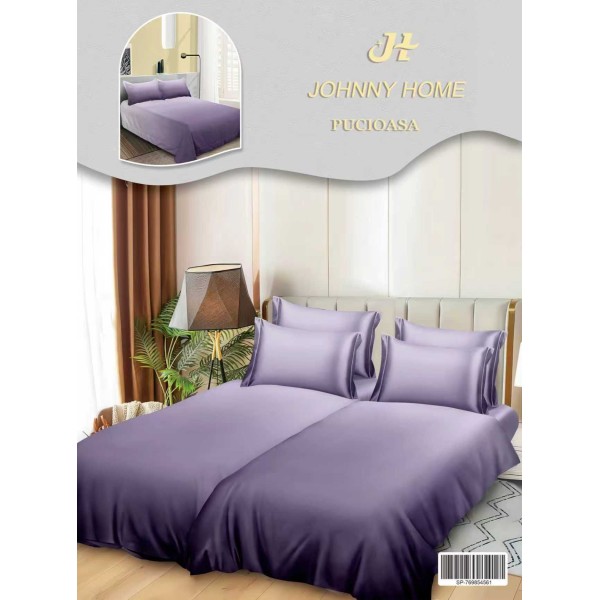 Lenjerie Pat Dublu 7 Piese Bumbac Satinat cu 2 Huse Pilotă - Model Uni – Mov Degrade, LFS-140