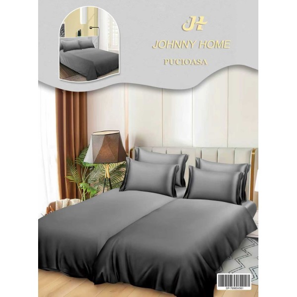 Lenjerie Pat Dublu 7 Piese Bumbac Satinat cu 2 Huse Pilotă - Model Uni – Gri Degrade, LFS-141