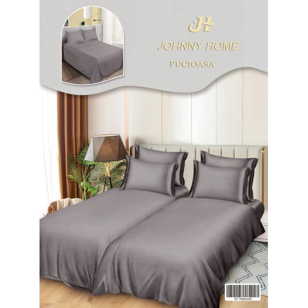 Lenjerie Pat Dublu 7 Piese Bumbac Satinat cu 2 Huse Pilotă - Model Uni - Gri, LFS-145