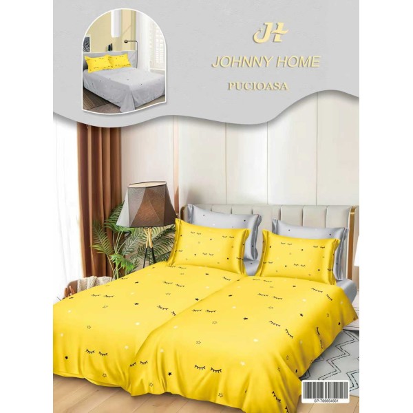 Lenjerie Pat Dublu 7 Piese Bumbac Satinat cu 2 Huse Pilotă - Model Stele și Gene - Galben și Negru, LFS-148