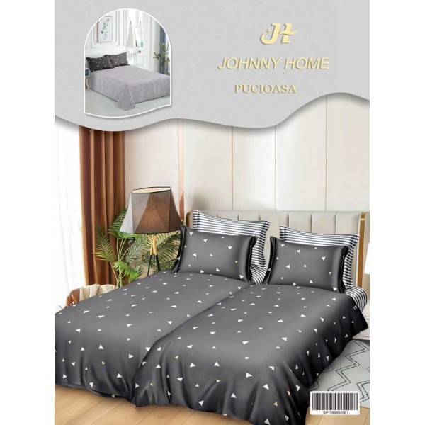 Lenjerie Pat Dublu 7 Piese Bumbac Satinat cu 2 Huse Pilotă - Model Triunghiuri - Gri și Alb, LFS-149