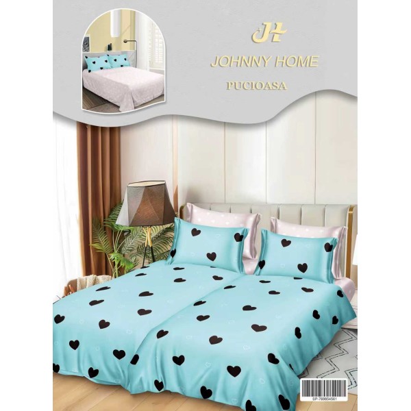 Lenjerie Pat Dublu 7 Piese Bumbac Satinat cu 2 Huse Pilotă - Model Inimioare - Albastru deschis și Negru, LFS-151