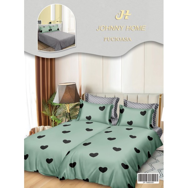 Lenjerie Pat Dublu 7 Piese Bumbac Satinat cu 2 Huse Pilotă - Model Inimioare - Verde și Negru, LFS-152