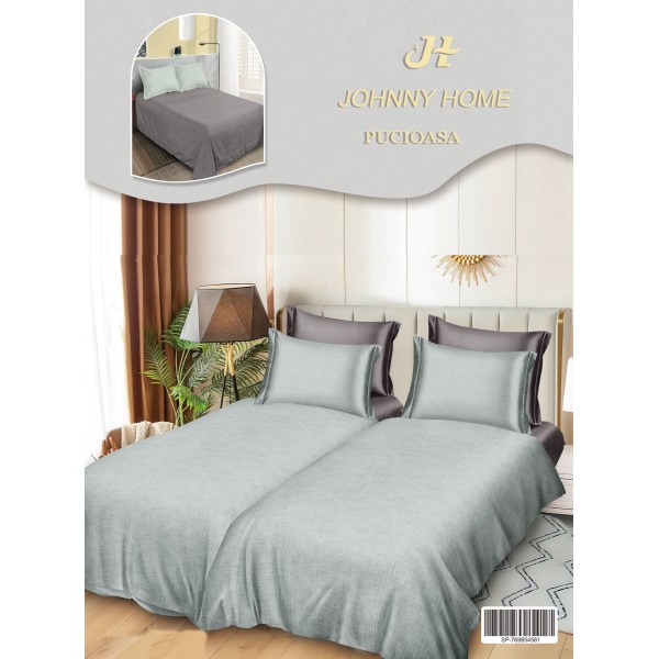 Lenjerie Pat Dublu 7 Piese Bumbac Satinat cu 2 Huse Pilotă - Model Uni - Verde menta, LFS-153