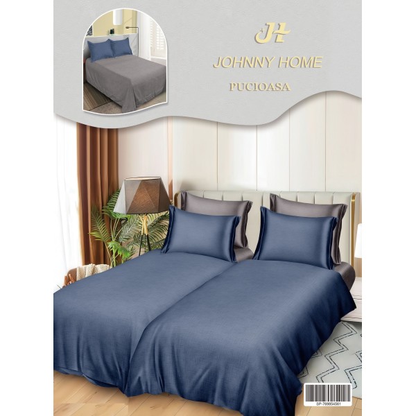 Lenjerie Pat Dublu 7 Piese Bumbac Satinat cu 2 Huse Pilotă - Model Uni - Albastru inchis, LFS-156