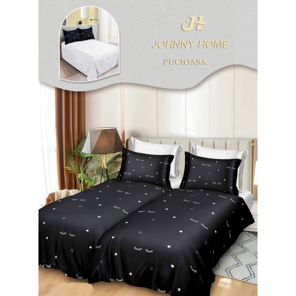Lenjerie Pat Dublu 7 Piese Bumbac Satinat cu 2 Huse Pilotă - Model Stele si Gene - Negru cu Alb, LFS-157
