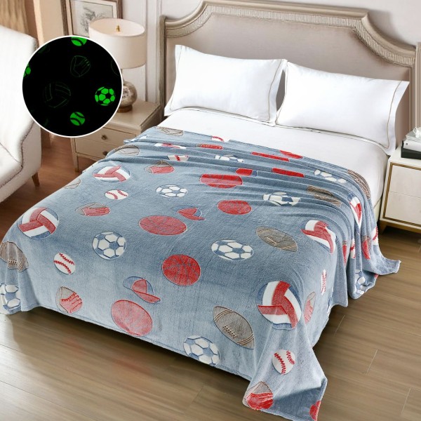 Pătură Cocolino Fosforescentă 200x230 cm, albastră cu mingi sport, PCS-045