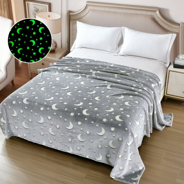 Pătură Cocolino Fosforescentă 200x230 cm, gri cu lună și stele, PCS-050