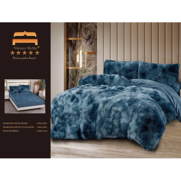 Lenjerie Cocolino Fluffy pat dublu cu elastic albastru degrade, LFF-001