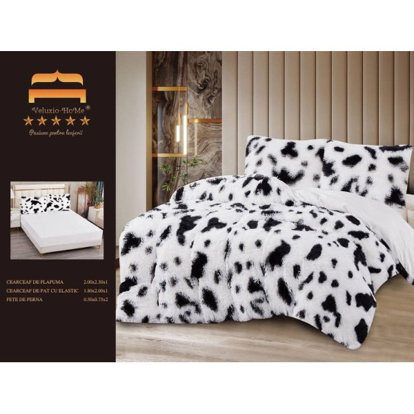 Lenjerie Cocolino Fluffy pat dublu cu elastic imprimeu dalmatian alb - negru , LFF-002