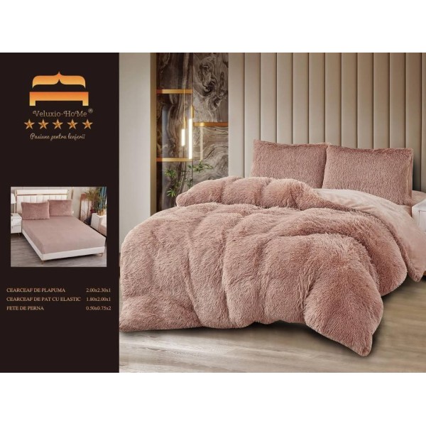 Lenjerie Cocolino Fluffy pat dublu cu elastic roz pudra , LFF-003