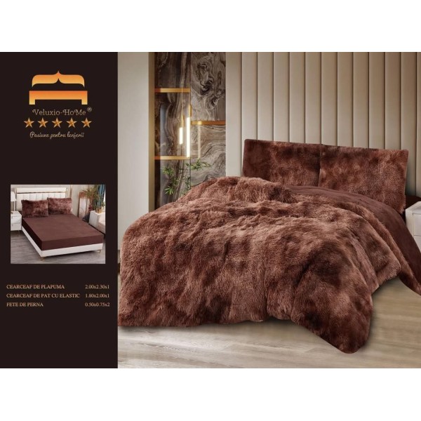 Lenjerie Cocolino Fluffy pat dublu cu elastic maro - ciocolatiu degrade, LFF-010