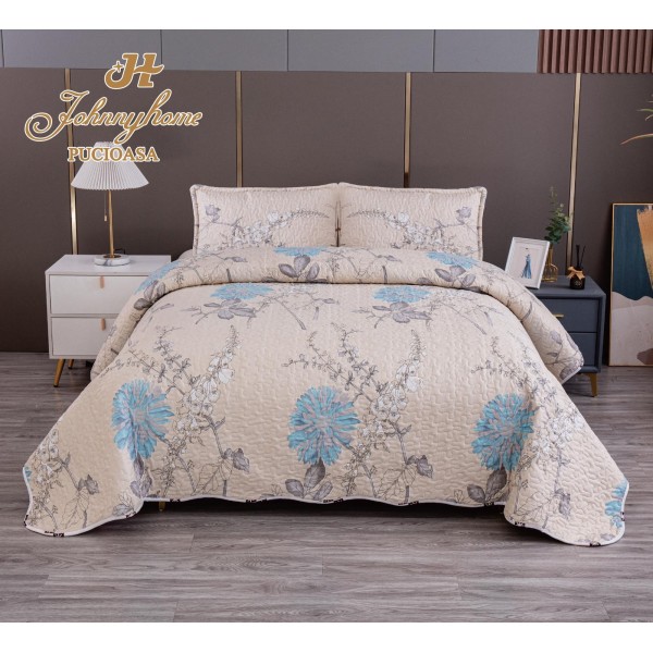 Cuvertura pentru pat dublu cu 2 fete, matlasata, Bumbac Satinat, Bej, flori, OCT-068
