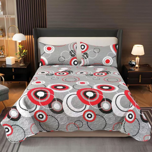Cuvertura pentru pat dublu cu 2 fete, matlasata, Bumbac Satinat, Gri-Multicolor, cercuri, OCT-027