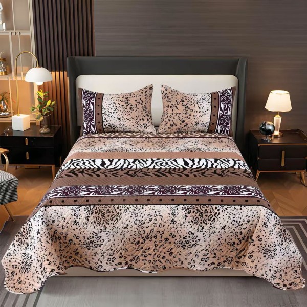 Cuvertura pentru pat dublu cu 2 fete, matlasata, Bumbac Satinat, Maro-Bej, animal print, OCT-030