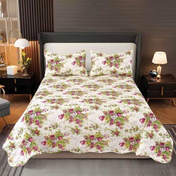 Cuvertura pentru pat dublu cu 2 fete, matlasata, Bumbac Satinat, Crem-Multicolor, flori, OCT-032