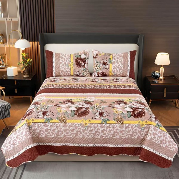 Cuvertura pentru pat dublu cu 2 fete, matlasata, Bumbac Satinat, Bej-Maro, flori, OCT-213