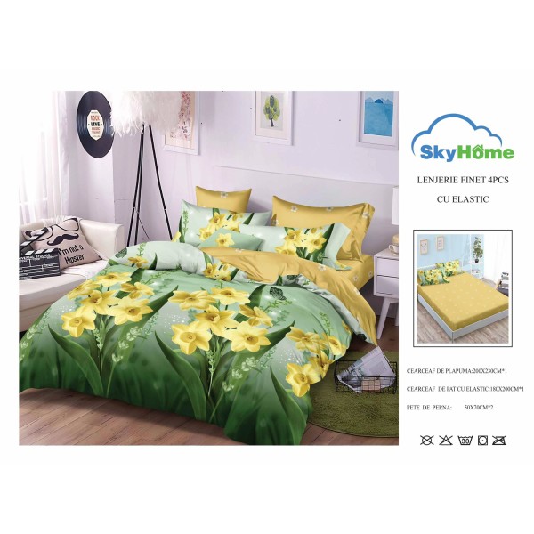 Lenjerie Pat Dublu Finet 4 Piese cu Elastic – Model Inimi Galben, LDE-220