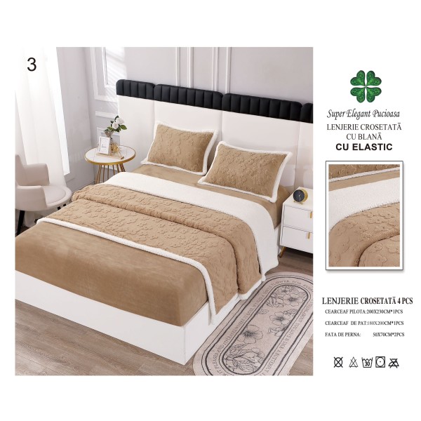 Lenjerie Pat Dublu 4 Piese Croșetată cu Blăniță – Maro Bej, cu Elastic, LCT-004