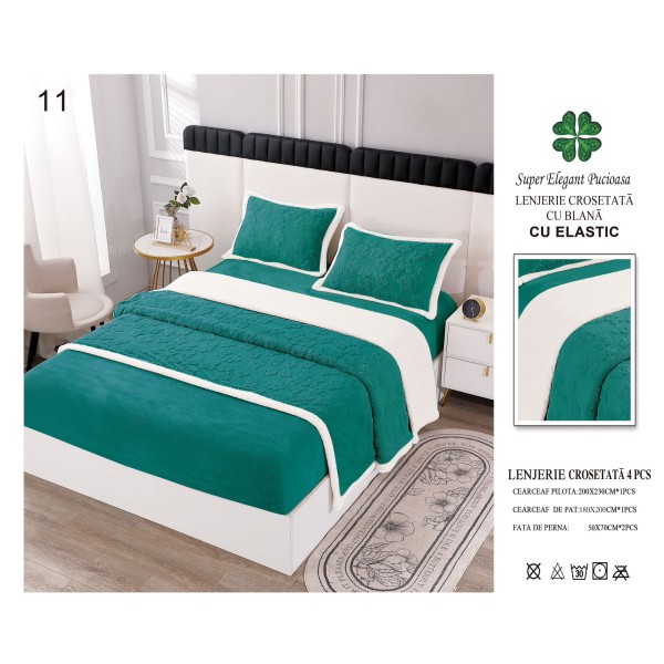 Lenjerie Pat Dublu 4 Piese Croșetată cu Blăniță – Verde Smarald, cu Elastic, LCT-005