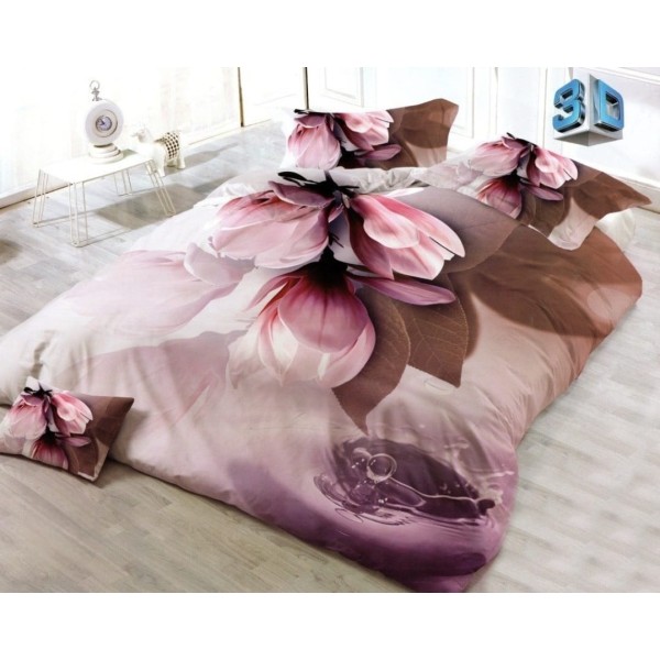 Set Lenjerie Bumbac Satinat 4 Piese, Pat Dublu, Flori 3D Roz-Mov, LDBS-083