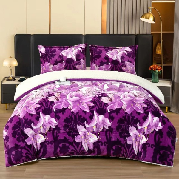 Pilota cu Blăniță 200x230 cm + 2 Fețe de Pernă – Model Floral Mov cu Liliac, PDC-061