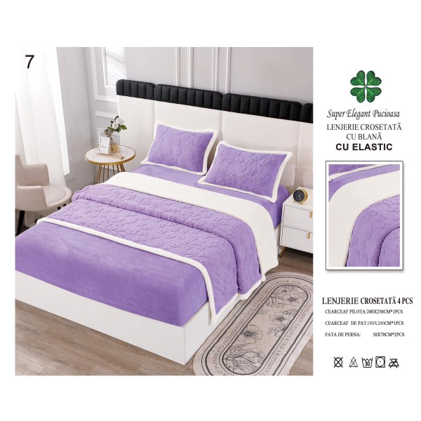 Lenjerie Pat Dublu 4 Piese Croșetată cu Blăniță – Lila, cu Elastic, LCT-007