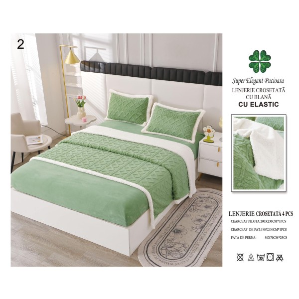 Lenjerie Pat Dublu 4 Piese Croșetată cu Blăniță – Verde pastel, cu Elastic, LCT-008