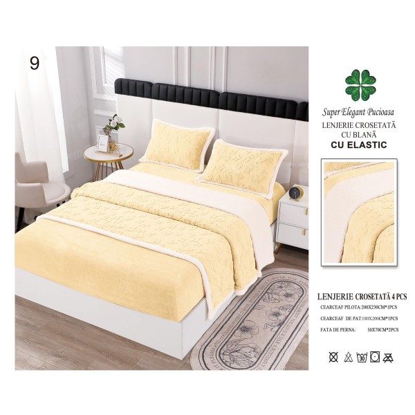 Lenjerie Pat Dublu 4 Piese Croșetată cu Blăniță – Galben pastel, cu Elastic, LCT-009