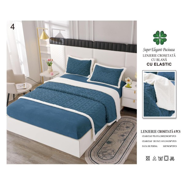 Lenjerie Pat Dublu 4 Piese Croșetată cu Blăniță – Albastru Royal, cu Elastic, LCT-010