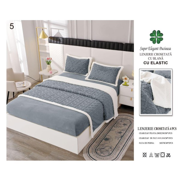 Lenjerie Pat Dublu 4 Piese Croșetată cu Blăniță – Gri, cu Elastic, LCT-011