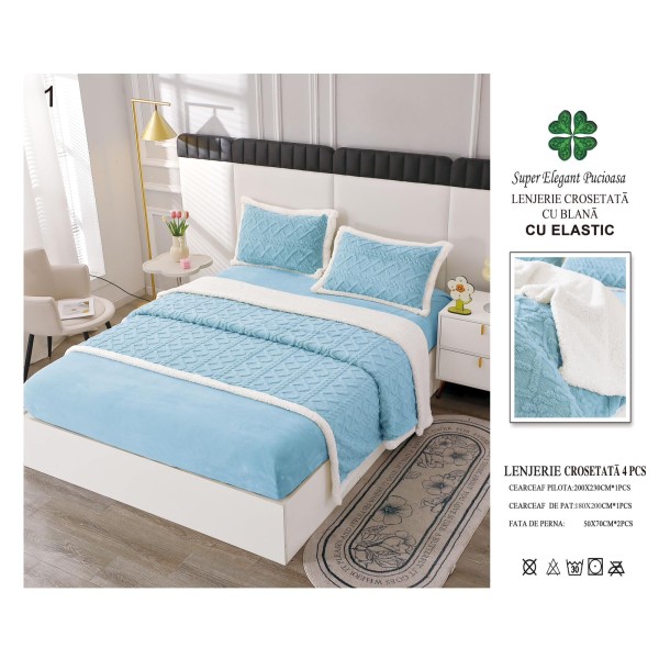 Lenjerie Pat Dublu 4 Piese Croșetată cu Blăniță – Albastru deschis, cu Elastic, LCT-013