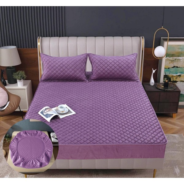 Husă Topper pentru Saltea 160x200 cm – Mov Lila Matlasată cu Elastic + 2 Fețe de Pernă, HTC-046