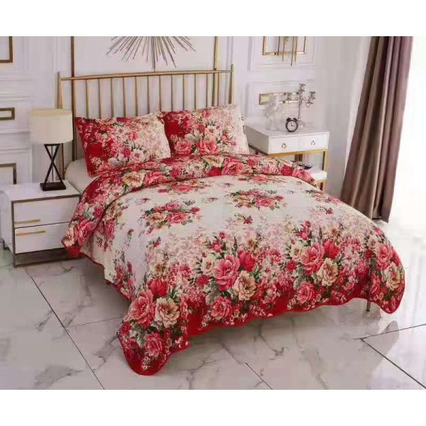 Set Lenjerie Cocolino 4 piese pat dublu cu cearșaf cu elastic – Imprimeu Floral Roșu și Crem, LEC-129