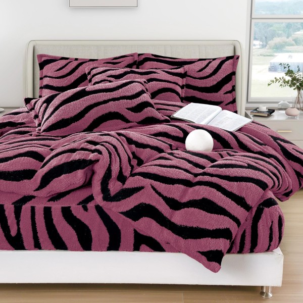 Lenjerie Cocolino 4 Piese Pat Dublu cu Cearșaf Elastic – Mov cu Dungi Negre, LCE-091