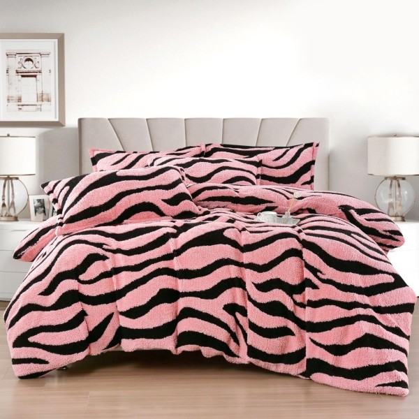 Lenjerie Cocolino 4 Piese Pat Dublu cu Cearșaf Elastic – Roz cu Dungi Negre, LCE-094 Lenjerie Cocolino 4 Piese Pat Dublu cu Cearșaf Elastic – Roz cu Dungi Negre, LCE-094