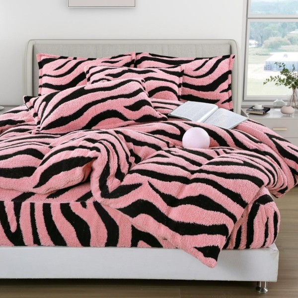 Lenjerie Cocolino 4 Piese Pat Dublu cu Cearșaf Elastic – Roz cu Dungi Negre, LCE-094