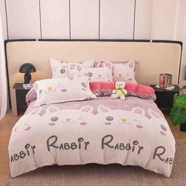 Lenjerie Cocolino 1 Persoană 4 Piese – Model Iepurași Roz Alb, LSC-012